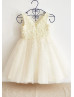 V Neck Pearls Beaded Champagne Tulle Dreamy Flower Girl Dress